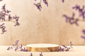 Wooden product display podium with purple flowers. 3D rendering - PhotoDune Item for Sale