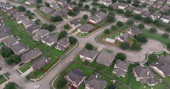 Aerial of middle class suburban neighborhood just outside of Houston, Texas