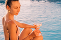 Portrait of laughing beautiful woman in swimwear relaxing in swimming spa pool - PhotoDune Item for Sale