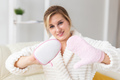 Excited joyful young woman wrapped head in towel holding dry brush shower sponge and doing spa - PhotoDune Item for Sale