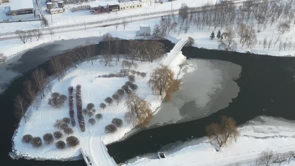 Winter River Svisloch with an Island in the Center of Minsk