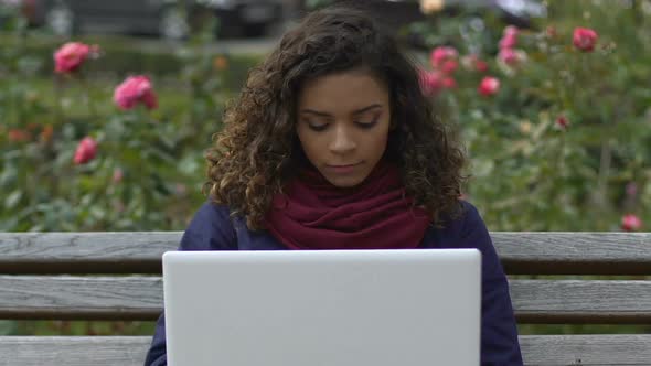 Pretty Mixed Race Lady Opening Laptop and Chatting With Boyfriend at Park