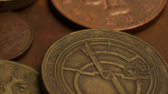 Rotating stock footage shot of international monetary coins