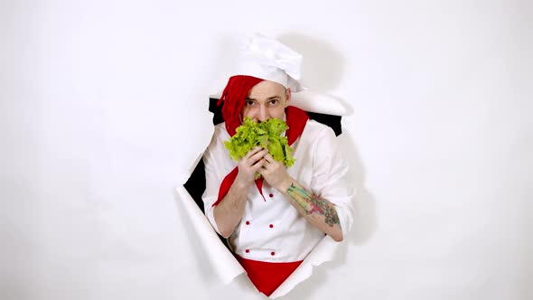 A Handsome Man with Red Dreadlocks Eats Lettuce Leaves
