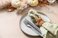 Thanksgiving day autumn table setting in natural colors decorated white pumpkins. - PhotoDune Item for Sale