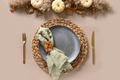 Thanksgiving day autumn table setting decoration in natural colors white pumpkins. - PhotoDune Item for Sale
