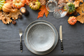 Autumn and Thanksgiving day table setting decorated fallen leaves, pumpkins. - PhotoDune Item for Sale