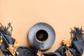 Autumn still life with cup of coffee, golden dry leaves, warm scarf on beige. View from above. - PhotoDune Item for Sale