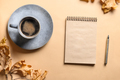 Autumn coffee in grey cup, sketchbook with copy space on beige. Fall Background. View from above. - PhotoDune Item for Sale