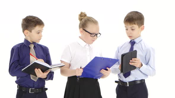 Young Kids Office Workers Discuss Important Business Matters. White Background