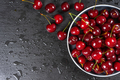 Fresh red ripe sweet cherry with water drops on plate on black slate background. - PhotoDune Item for Sale