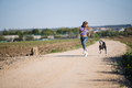 Beautiful young blonde woman running in the field with her greyhound dog. - PhotoDune Item for Sale