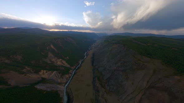 Shooting From Helicopter Majestic Evening Landscape Top Shot Wild Mountain Valley Movement River