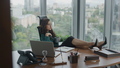 Woman ceo drinking coffee sitting office with legs on table. Lady using laptop. - PhotoDune Item for Sale