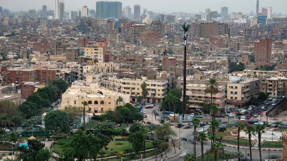 Panorama of City Cairo with Moving Cars Buildings