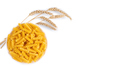 Raw pasta fusilli in bowl and wheat spikelets isolated on white background - PhotoDune Item for Sale