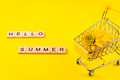 Hello summer. Colorful flowers on yellow background. Vacation and seasonal shopping concept. - PhotoDune Item for Sale