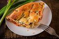 Homemade pie with chicken, herbs and tomatoes on a plate. - PhotoDune Item for Sale