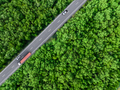 Aerial top view of car and truck driving on highway road in green forest. Sustainable transport. - PhotoDune Item for Sale