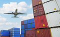 Cargo airplane flying above logistic container. Air logistic. Cargo and shipping business. Container - PhotoDune Item for Sale