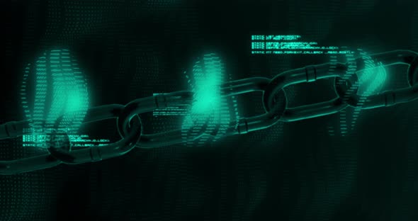 Animation of digital computer interface with data processing and chain links