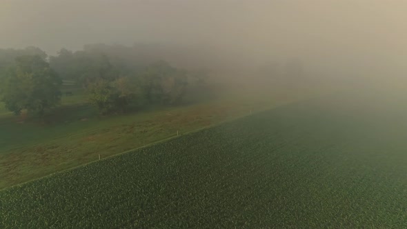 Aerial View of a Foggy Morning Looking Over Pennsylvania Farmland, Fields