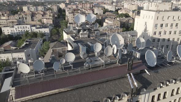 Kyiv, Ukraine: TV Antennas on the Roof of the Building. Aerial. Flat, Gray