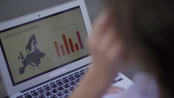 Rear View of Woman Typing on Laptop, Working with Diagram