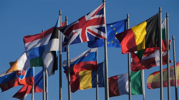 Flags of european countries waving in the wind