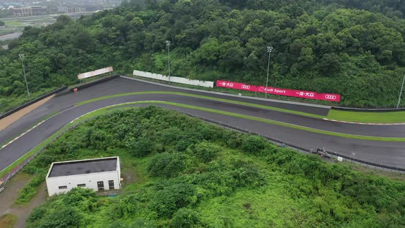 Aerial pan shoot of a racing formula 1 track in ningbo city, China