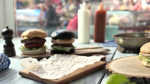 Hamburger on a Wooden Board.