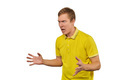 Aggressive angry man in yellow T-shirt ready to fight with fists isolated on white background - PhotoDune Item for Sale