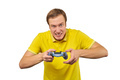 Funny handsome gamer with gamepad, excited video game player isolated on white background - PhotoDune Item for Sale