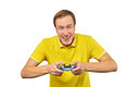 Funny gamer with gamepad, excited video game player concept isolated on white background - PhotoDune Item for Sale