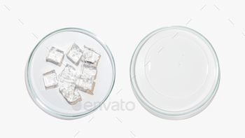 Top view of transparent frozen gel cubes on petri dish on white background