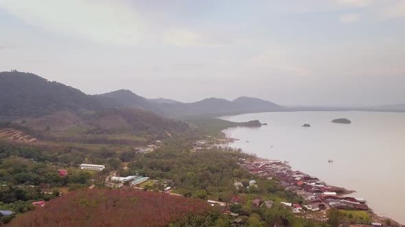 Aerial view of Old Town and East side of Koh Lanta, Thailand - camera pedestal up