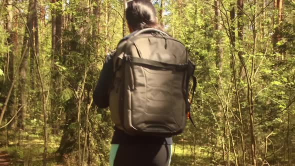 Hiking Woman Walk with a Hiking Backpack in Spring Green Forest