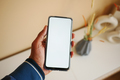  hands holding cell telephone with empty screen against home background  - PhotoDune Item for Sale