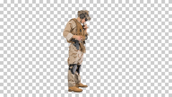 Soldier standing and talking on the radio, Alpha Channel