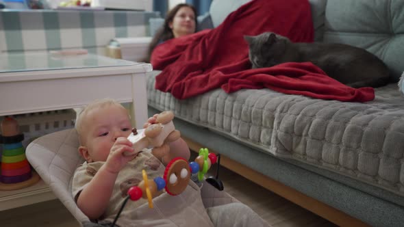 Mother with Baby and Cat are Relaxing in the Living Room Family Watching Tv at Home in the Evening