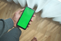  young man hand using smart phone with green screen at home  - PhotoDune Item for Sale