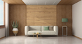 Modern living room with white sofa and wood paneling - PhotoDune Item for Sale