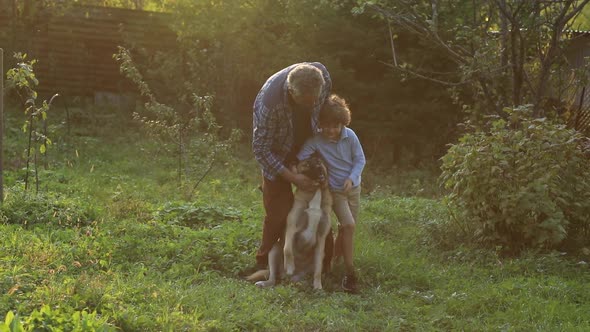 dad and son playing with a big dog in the garden