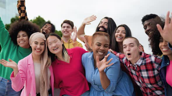 Multiethnic diverse people celebrating together outdoor - Diversity international community