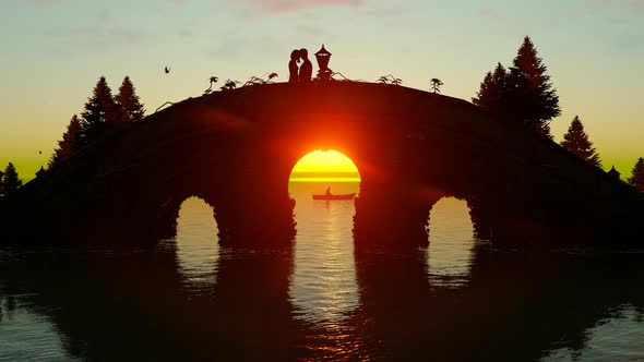 Lovers Making Love on the Bridge at Sunset