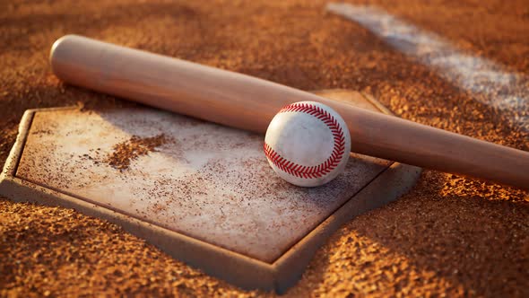 Baseball Homeplate with ball and bat on it. Home base with baseball accessories.