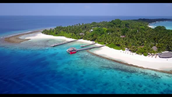 Aerial flying over seascape of idyllic tourist beach wildlife by aqua blue lagoon and white sandy ba