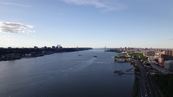 Aerial view towards the George Washington Bridge, in sunny Upper Manhattan, NYC, USA