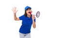 pretty well-groomed young promoter woman in a blue cotton t-shirt and cap uses a loudspeaker to - PhotoDune Item for Sale