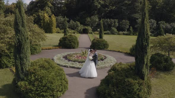 Newlyweds. Caucasian Groom with Bride Walking, Embracing, Hugs in Park. Wedding Couple